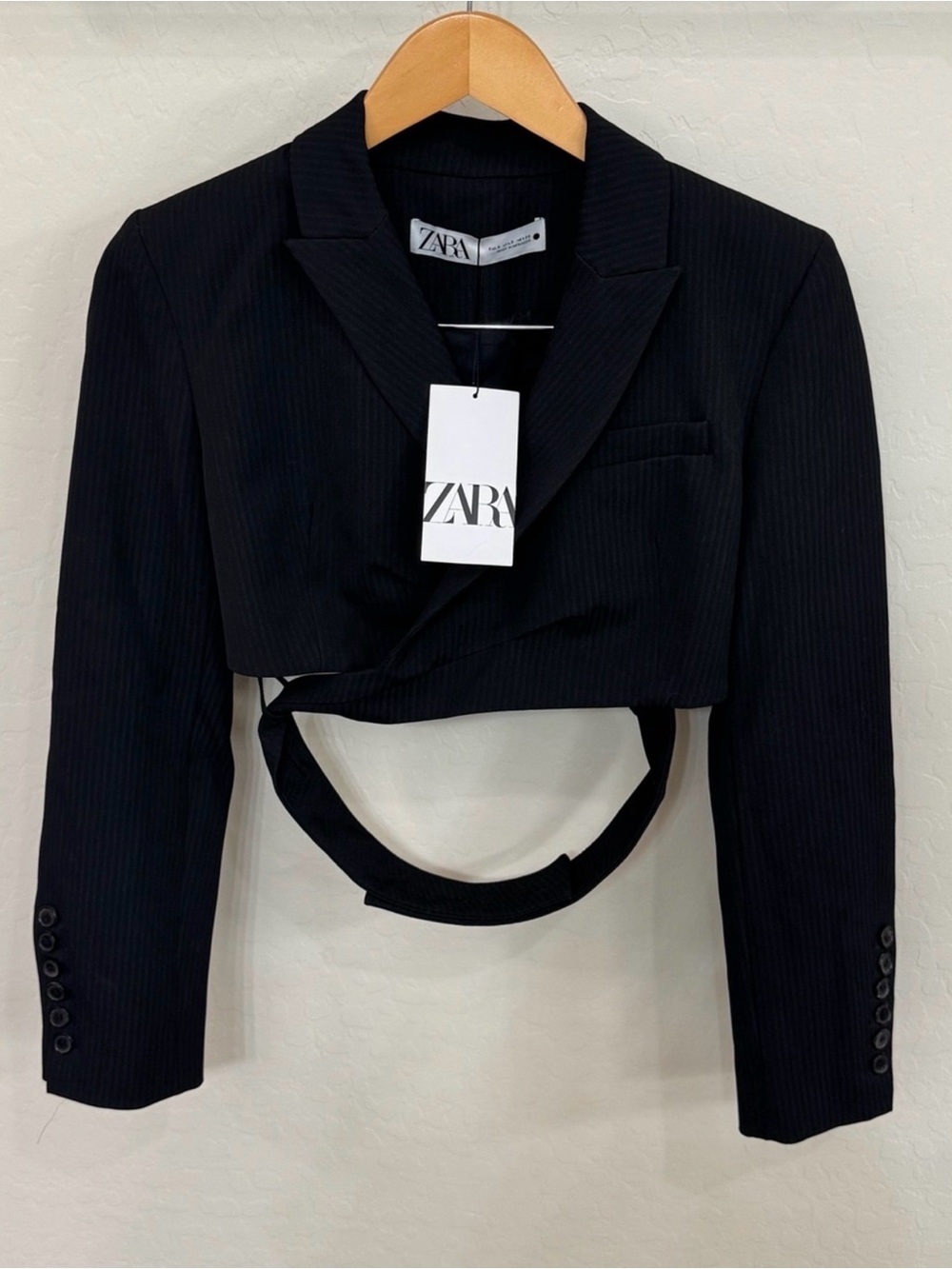 NWT Zara Cropped Pinstripe Wrap Blazer Jacket Black S